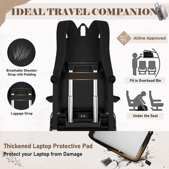 Women's Black 15.6in Waterproof Work Travel Backpacks With Usb Charger Port - Picture 5 of 6